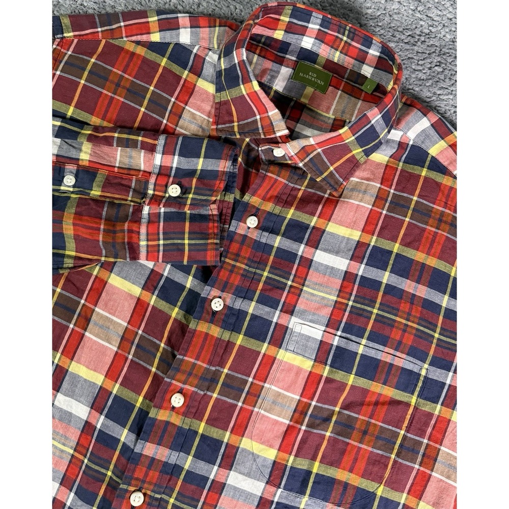 Sid Mashburn Madras Plaid Men's L Red Button Up Long Sleeve Cotton Linen Blend